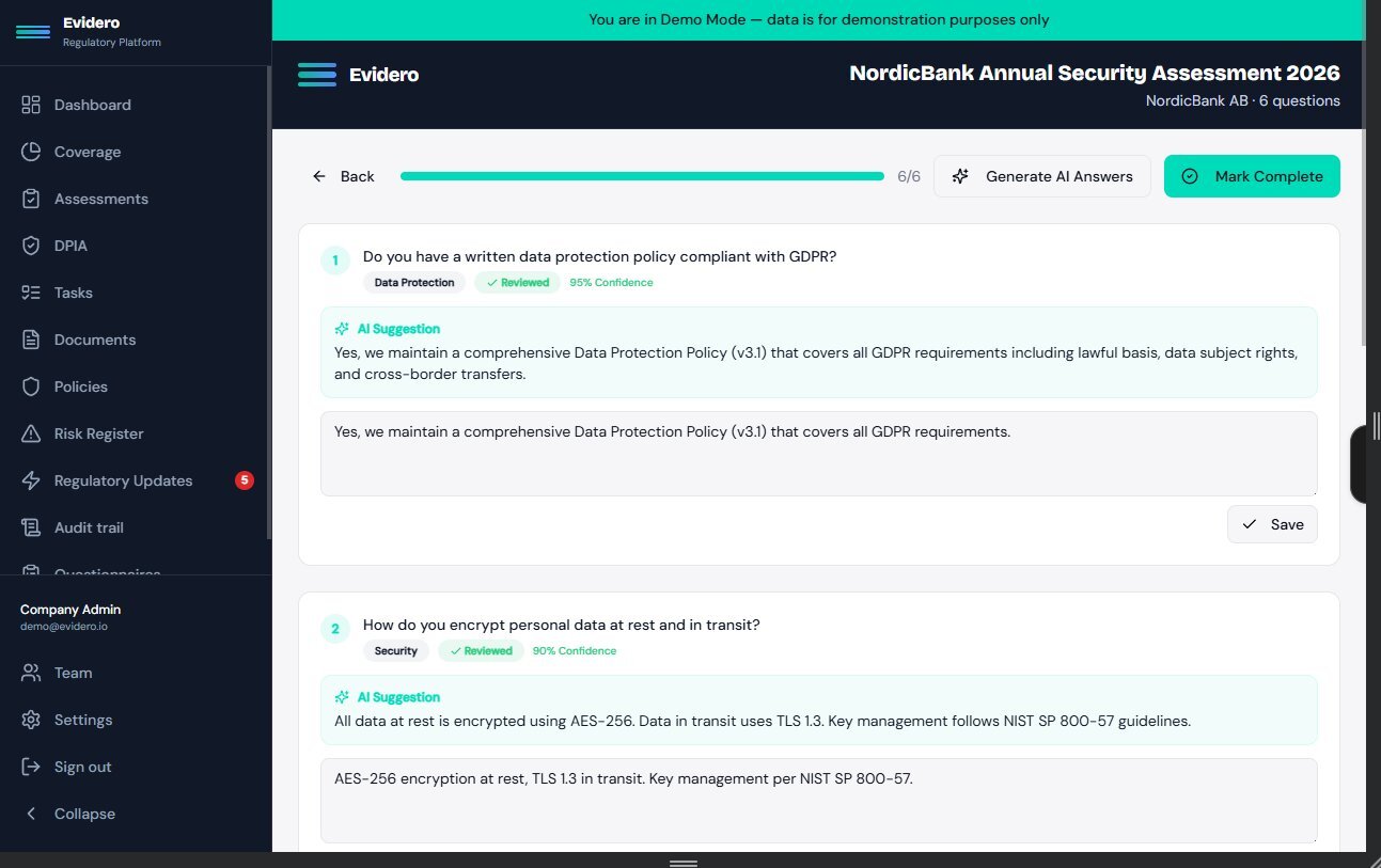 Evidero AI Questionnaire — sourced answers with confidence scores